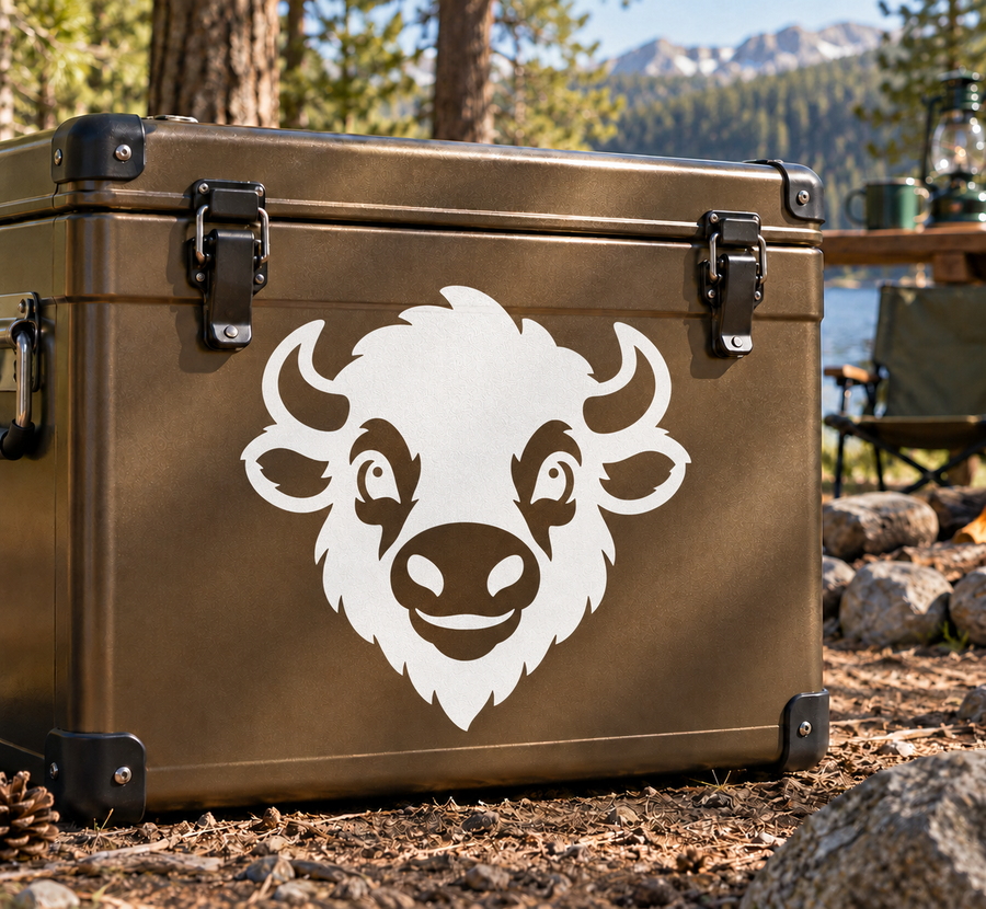 Bison mascot vinyl decal, white bison head with curved horns on dark surface