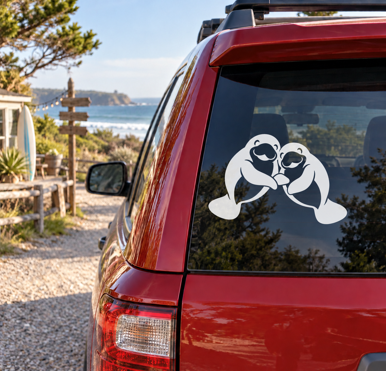 Vinyl manatee huddle decal for cars, two black-and-white manatees facing each other
