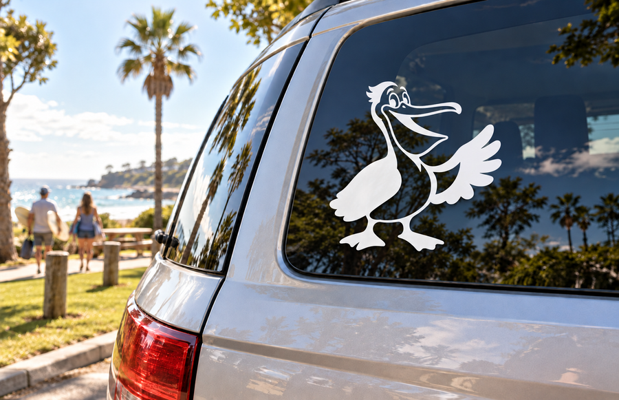 Pelican mascot vinyl decal on car rear window, black and white