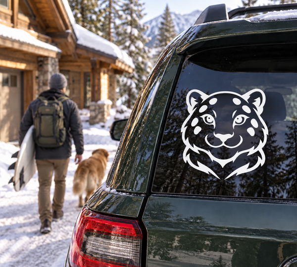 Snow leopard face vinyl decal on dark car window