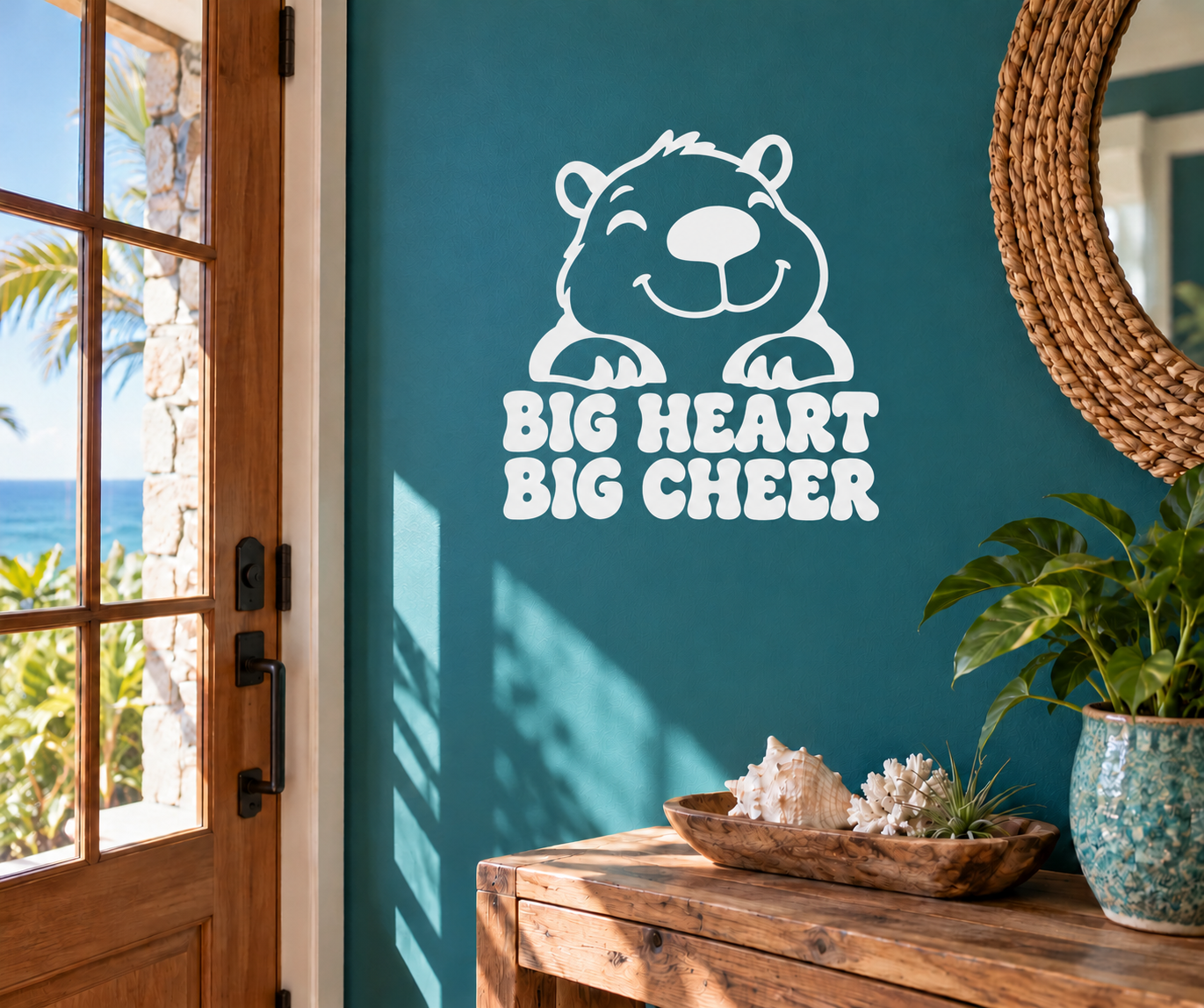 Bear mascot vinyl decal with 'Big Heart Big Cheer' text, white design