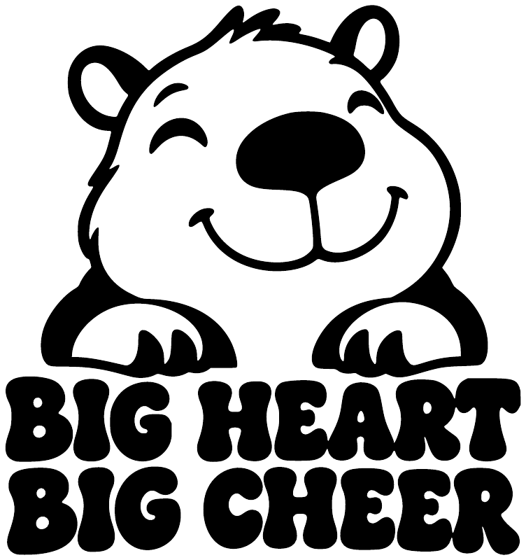 Bear mascot vinyl decal with 'Big Heart Big Cheer' lettering, bold black and white