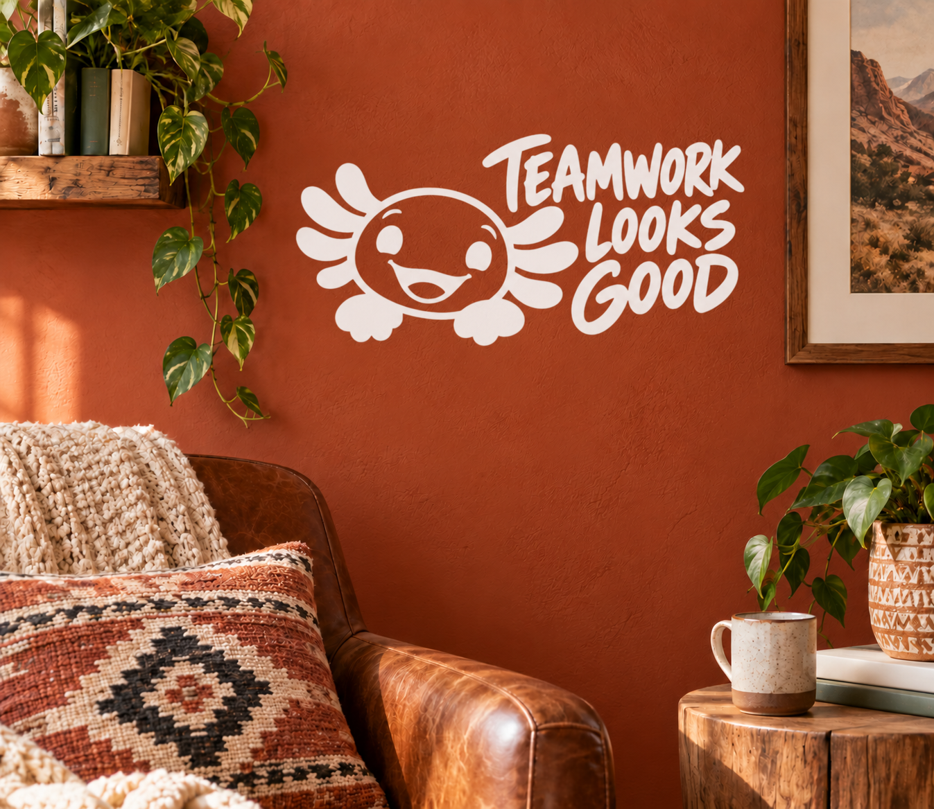 White vinyl mascot decal: Teamwork Looks Good text with cartoon character