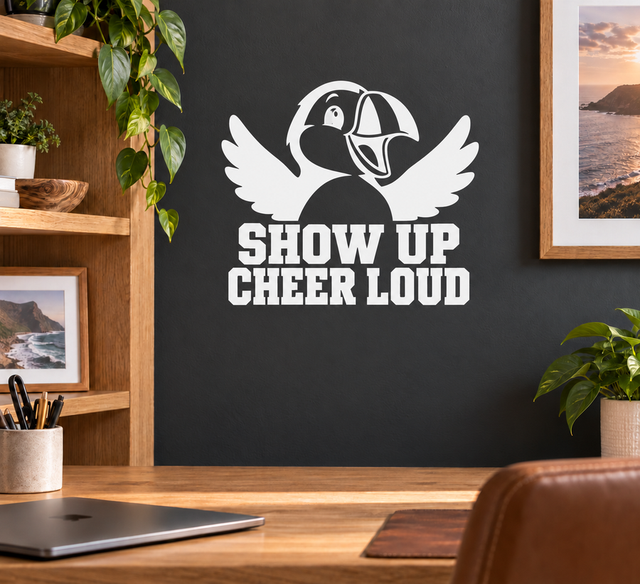 Mascot cheer vinyl decal: eagle with wings and “SHOW UP CHEER LOUD” text