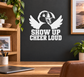 Mascot cheer vinyl decal: eagle with wings and “SHOW UP CHEER LOUD” text