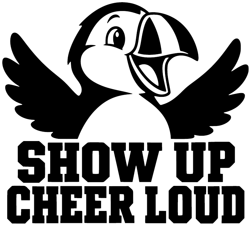 Close-up mascot cheer vinyl decal: eagle face with wings and bold “SHOW UP CHEER LOUD” lettering