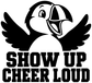 Close-up mascot cheer vinyl decal: eagle face with wings and bold “SHOW UP CHEER LOUD” lettering