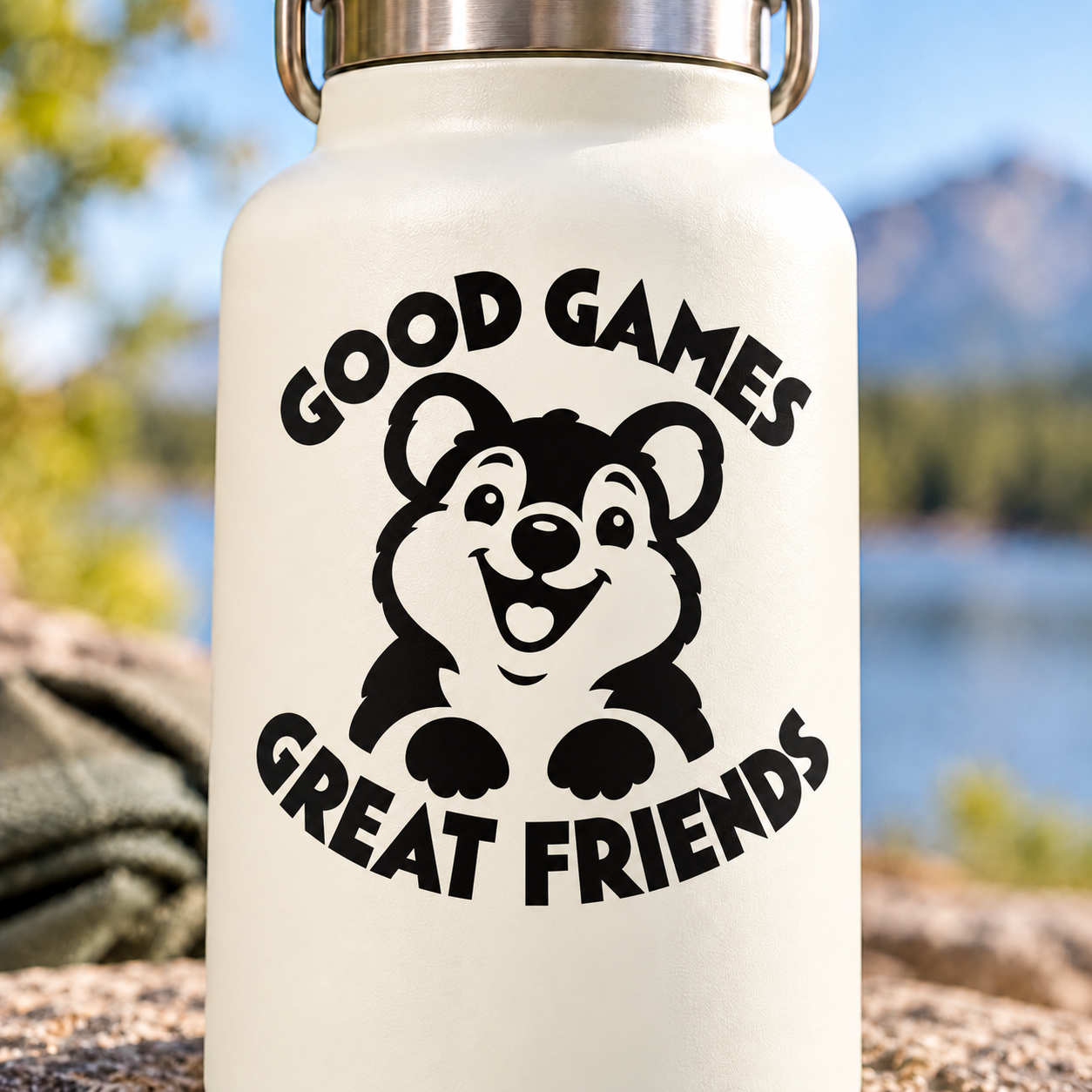 Vinyl decal with panda and text "GOOD GAMES GREAT FRIENDS"