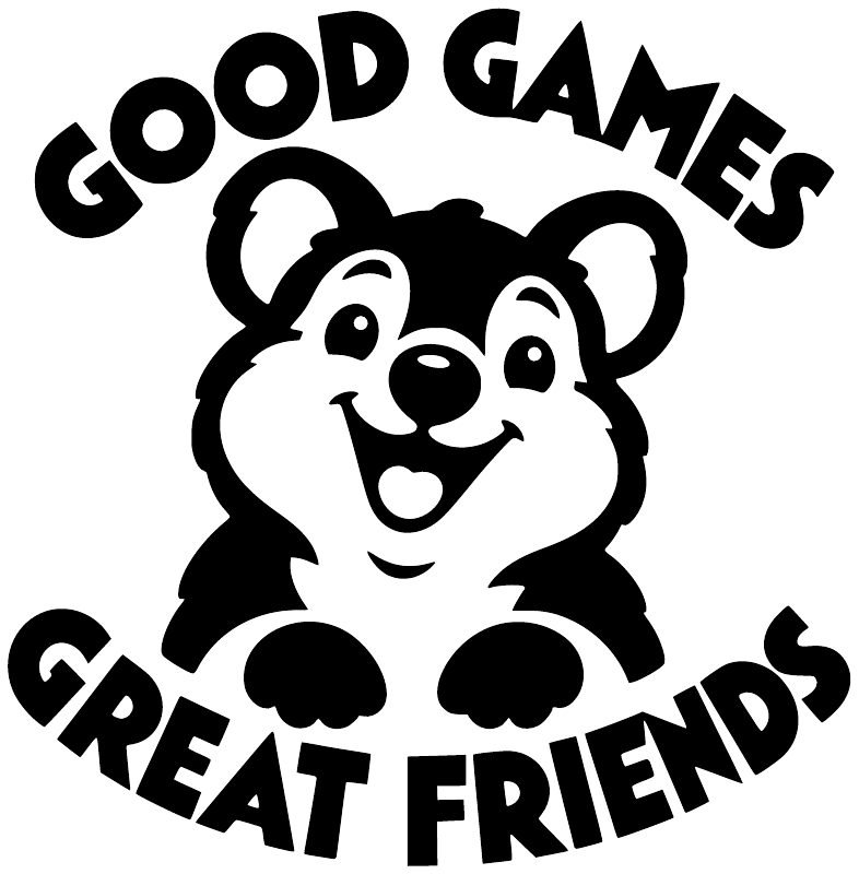 Vinyl decal featuring smiling panda with curved "GOOD GAMES" and "GREAT FRIENDS" text