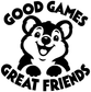 Vinyl decal featuring smiling panda with curved "GOOD GAMES" and "GREAT FRIENDS" text