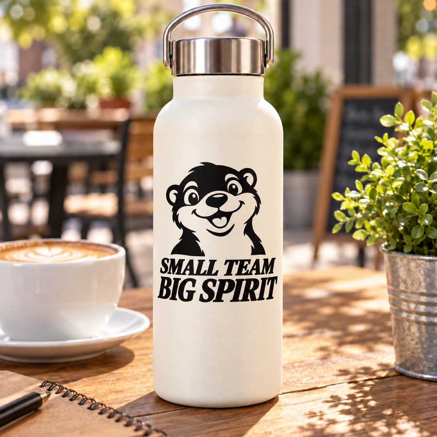 Panda mascot vinyl decal: 'Small Team Big Spirit' text, black and white