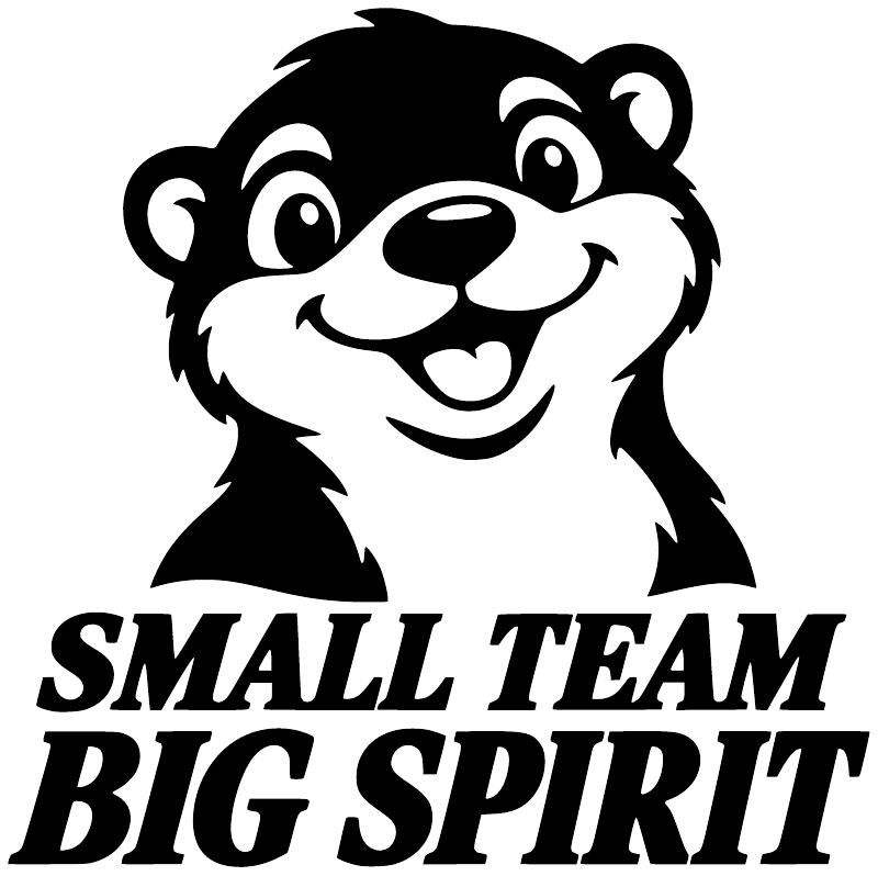 Panda face vinyl decal with 'SMALL TEAM BIG SPIRIT' lettering in black on white