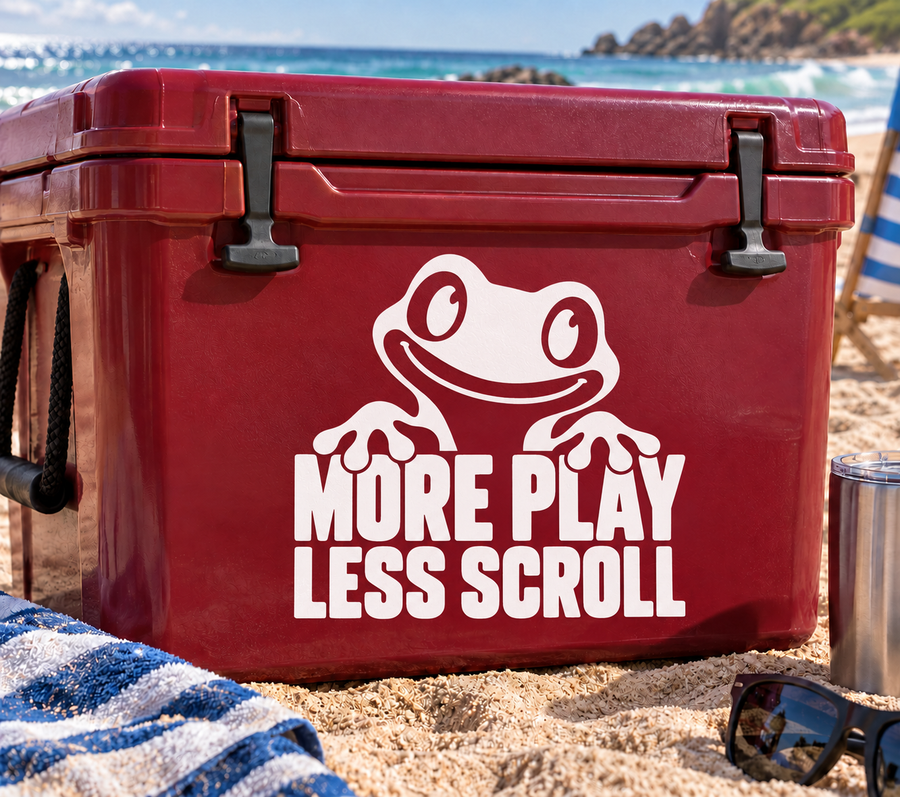 Vinyl decal: frog mascot and 'MORE PLAY LESS SCROLL' on red cooler
