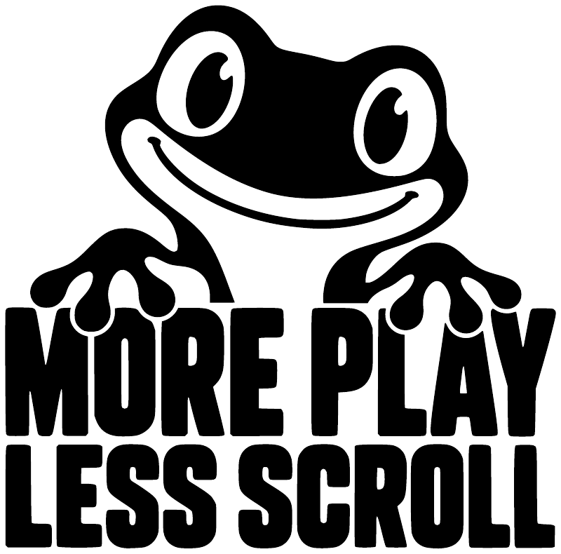 Black-and-white vinyl decal with frog mascot and text 'MORE PLAY LESS SCROLL'