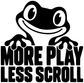 Black-and-white vinyl decal with frog mascot and text 'MORE PLAY LESS SCROLL'