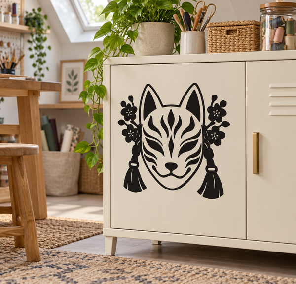 Fox mask vinyl decal: flaming fox face with tassels and floral accents