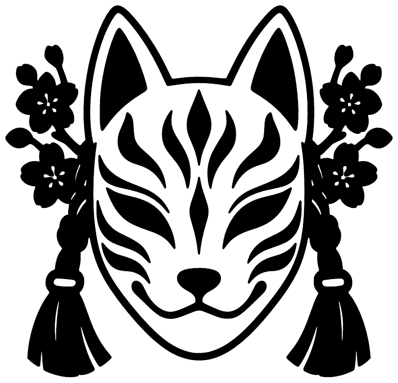 Fox mask vinyl decal close-up with flaming fox face, tassels, and floral accents