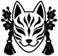 Fox mask vinyl decal close-up with flaming fox face, tassels, and floral accents