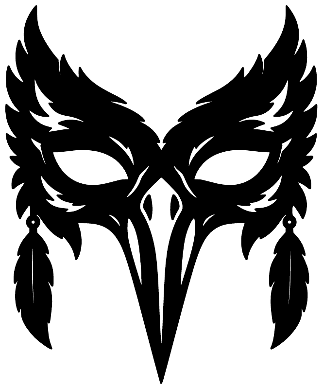 Black gothic raven mask vinyl decal with feathered wings and dangling charms