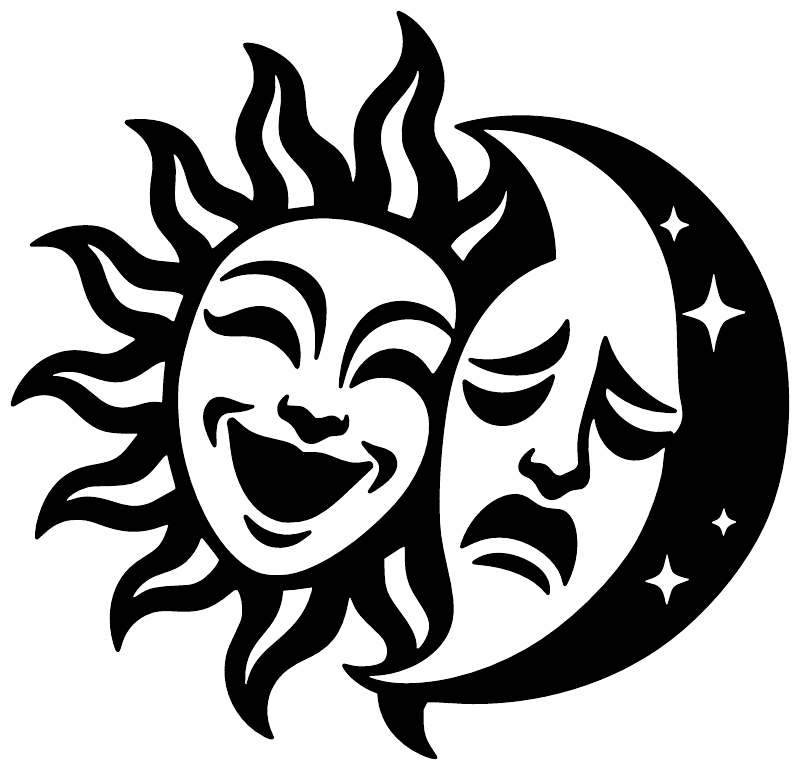 Sun and moon theater masks vinyl decal with white faces and black sun, moon icons