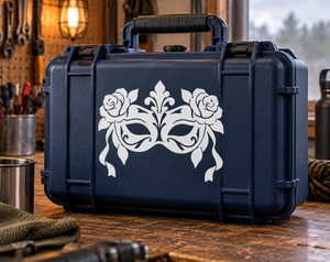 Rose masquerade mask vinyl decal: white ornate roses and filigree on dark blue