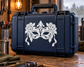Rose masquerade mask vinyl decal: white ornate roses and filigree on dark blue