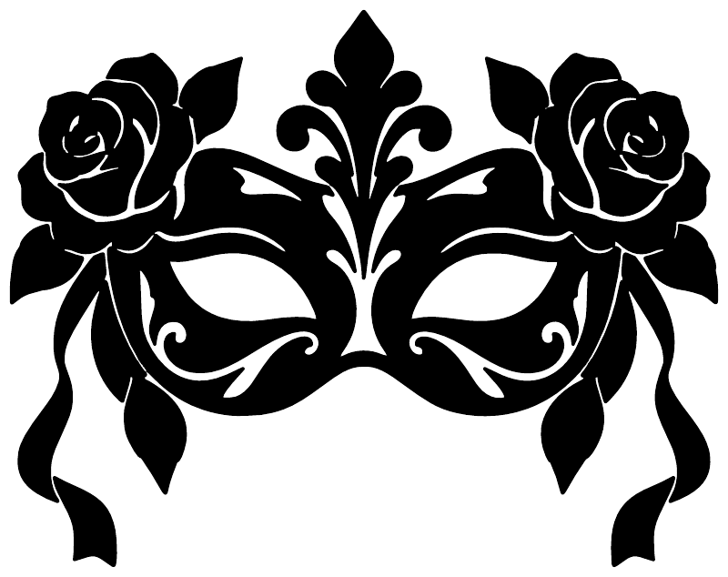 Masquerade mask vinyl decal in black with rose details and scrolling filigree