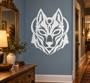 Wolf guardian vinyl decal featuring a white wolf mask head with tribal fur lines