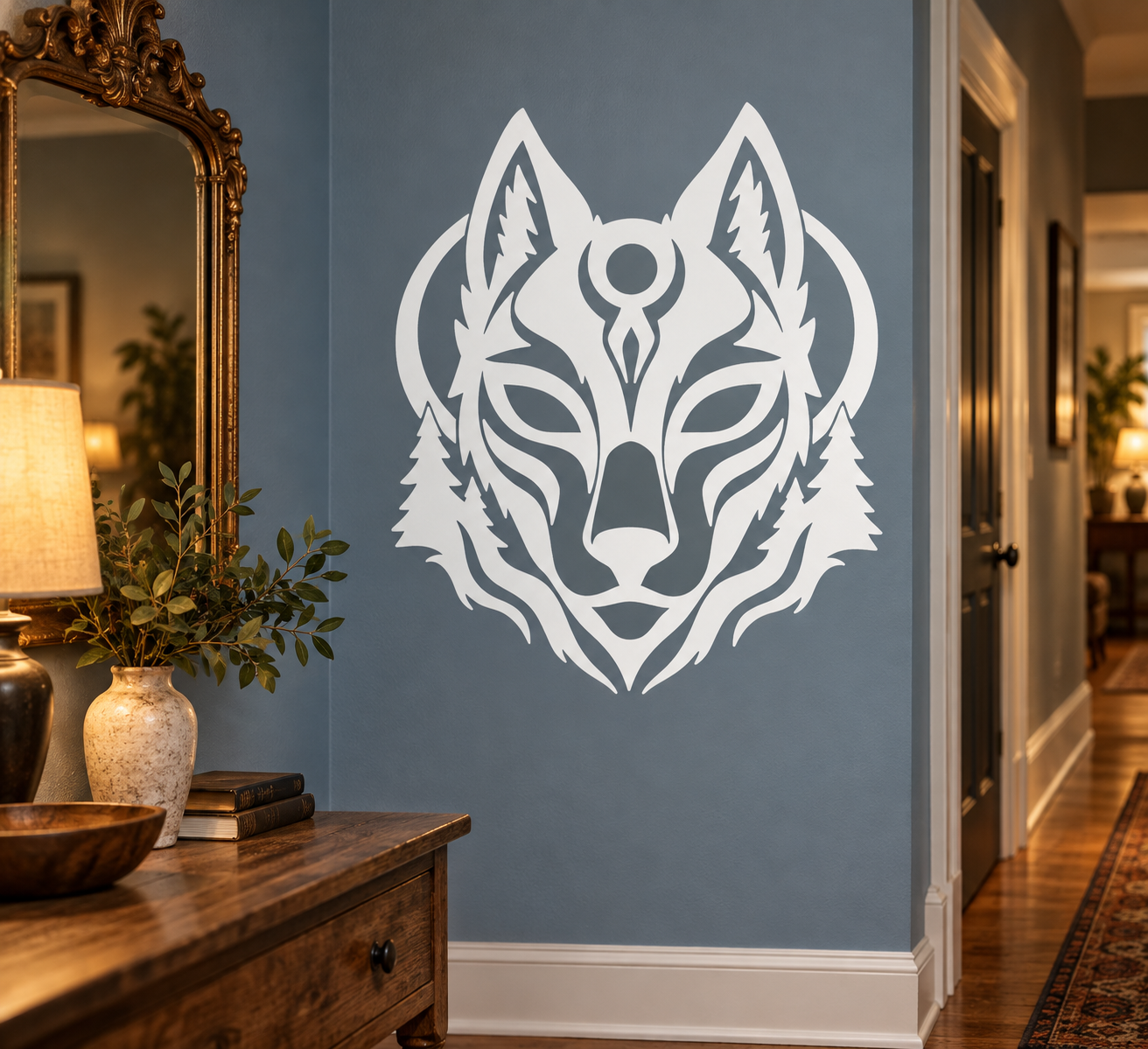 Wolf guardian vinyl decal featuring a white wolf mask head with tribal fur lines