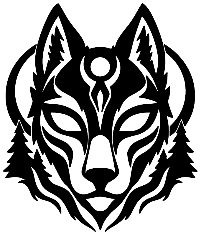 Black and white wolf mask head vinyl decal with tribal eye and fur details