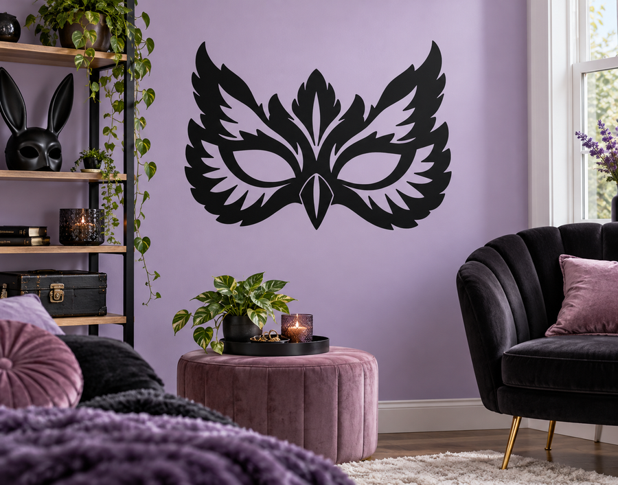Black owl feather mask vinyl wall decal, symmetrical wings and beak design