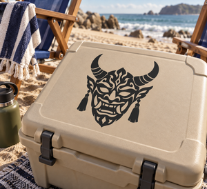 Black horned festival mask vinyl decal with flame-like face flames and tassels