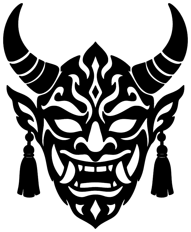 Black stylized horned mask vinyl decal with tassels and flame pattern