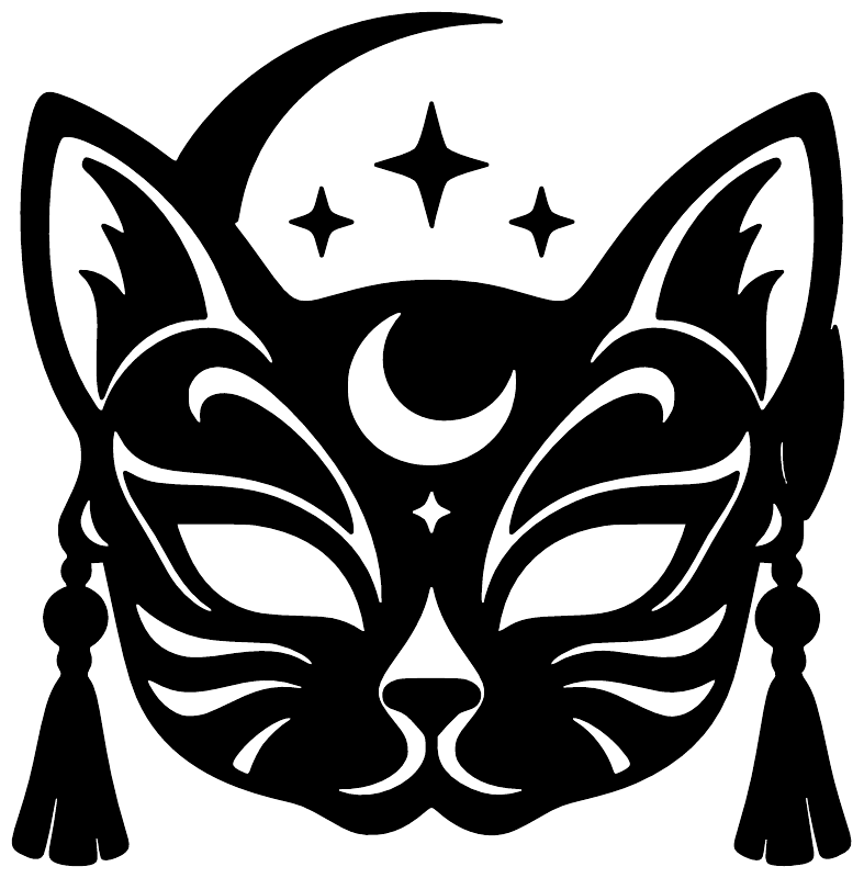 Cat moon mask vinyl decal: bold black cat face with crown, moon, and star details