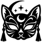 Cat moon mask vinyl decal: bold black cat face with crown, moon, and star details