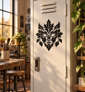 Leaf spirit mask vinyl decal, black leaf-framed face design