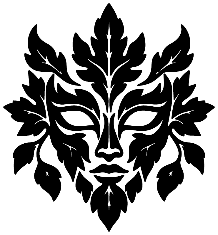 Black leaf spirit mask vinyl decal, symmetrical ornate face with foliage
