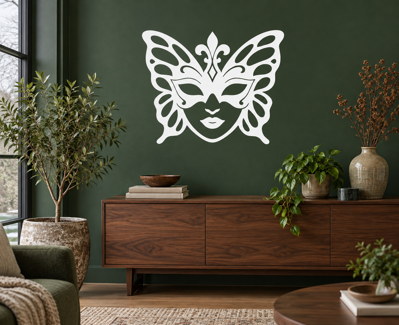 White masquerade butterfly vinyl decal with ornate mask design and wing details