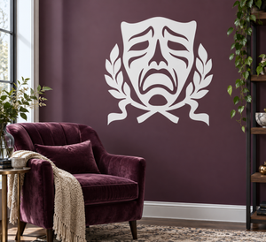 White vinyl decal of mask-like theater portrait with laurel wings