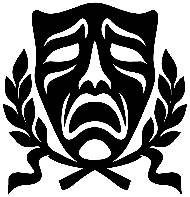 Black-and-white vinyl decal showing mask face with flames, laurel leaves, and bow