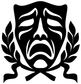 Black-and-white vinyl decal showing mask face with flames, laurel leaves, and bow
