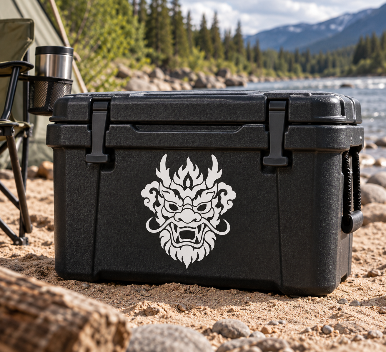 Dragon guardian mask vinyl decal on black surface, white flame-faced graphic