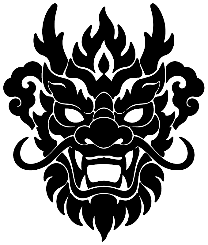 Dragon guardian mask vinyl decal graphic with flames and horned face, black and white