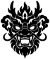 Dragon guardian mask vinyl decal graphic with flames and horned face, black and white