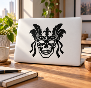 Skull carnival mask vinyl decal, black skull mask with ornate curls and fleur-de-lis