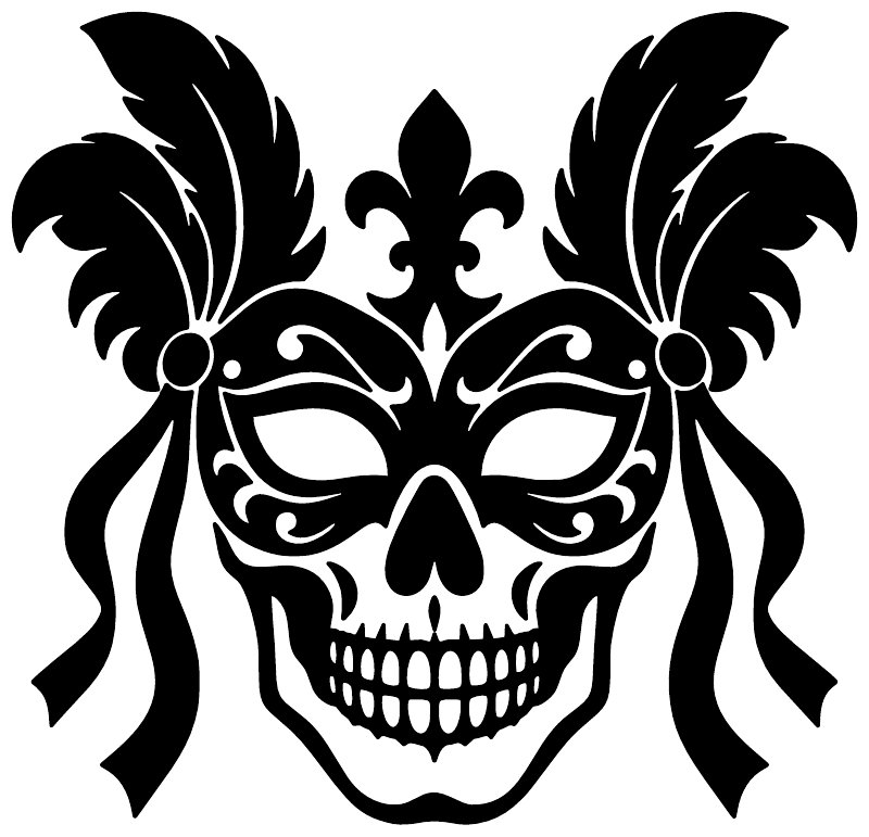 Skull carnival mask vinyl decal, black ornate masquerade mask with skull teeth and eye shapes