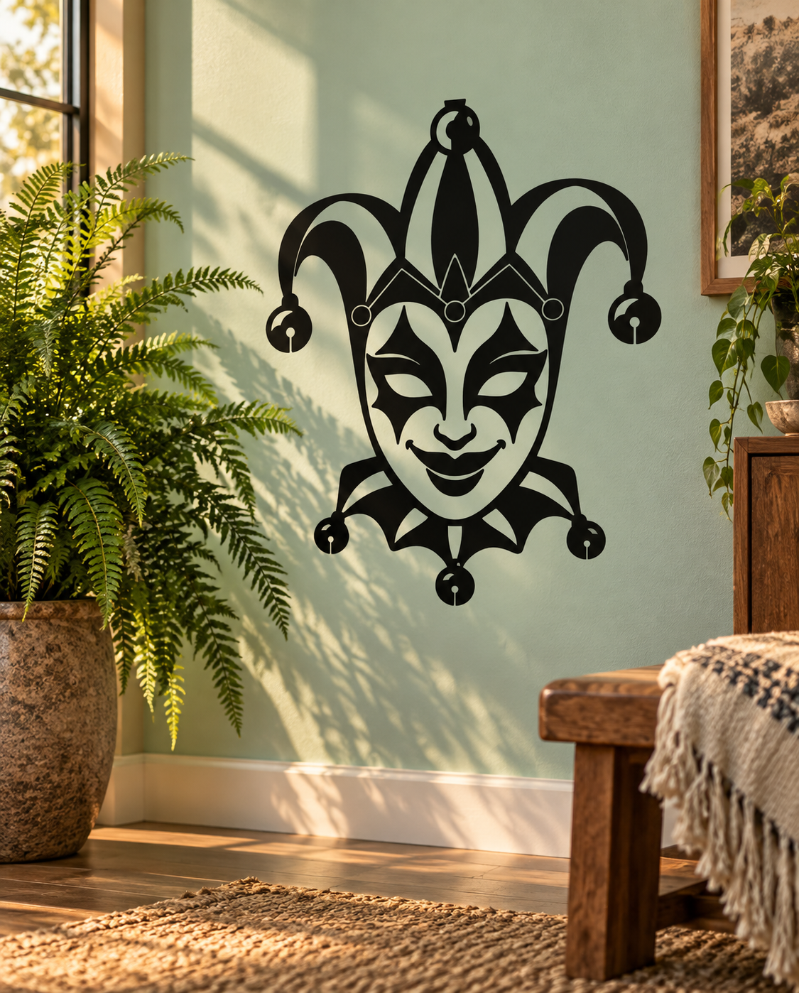 Black jester bell mask vinyl decal with hanging bell details and curved horn shapes