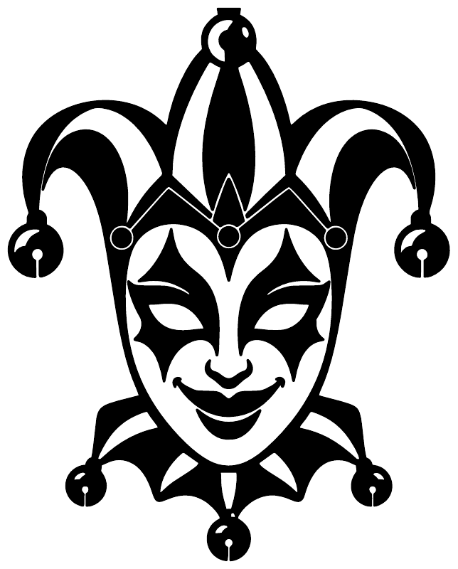 Black jester bell mask vinyl decal, front view with closed eyes and five hanging bells