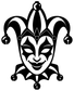 Black jester bell mask vinyl decal, front view with closed eyes and five hanging bells