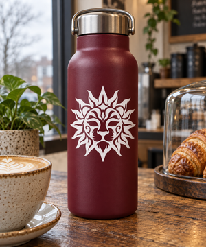 Lion sunburst face vinyl decal on maroon bottle, white outlined sun-mask design